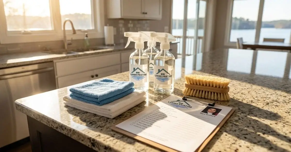 Cleaning supplies and checklist on a kitchen counter