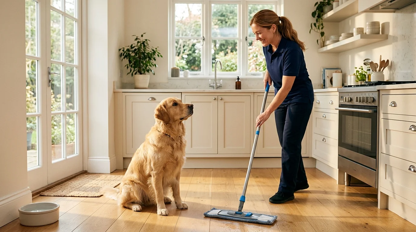 Friendly dog supervising a professional cleaner mopping a kitchen floor