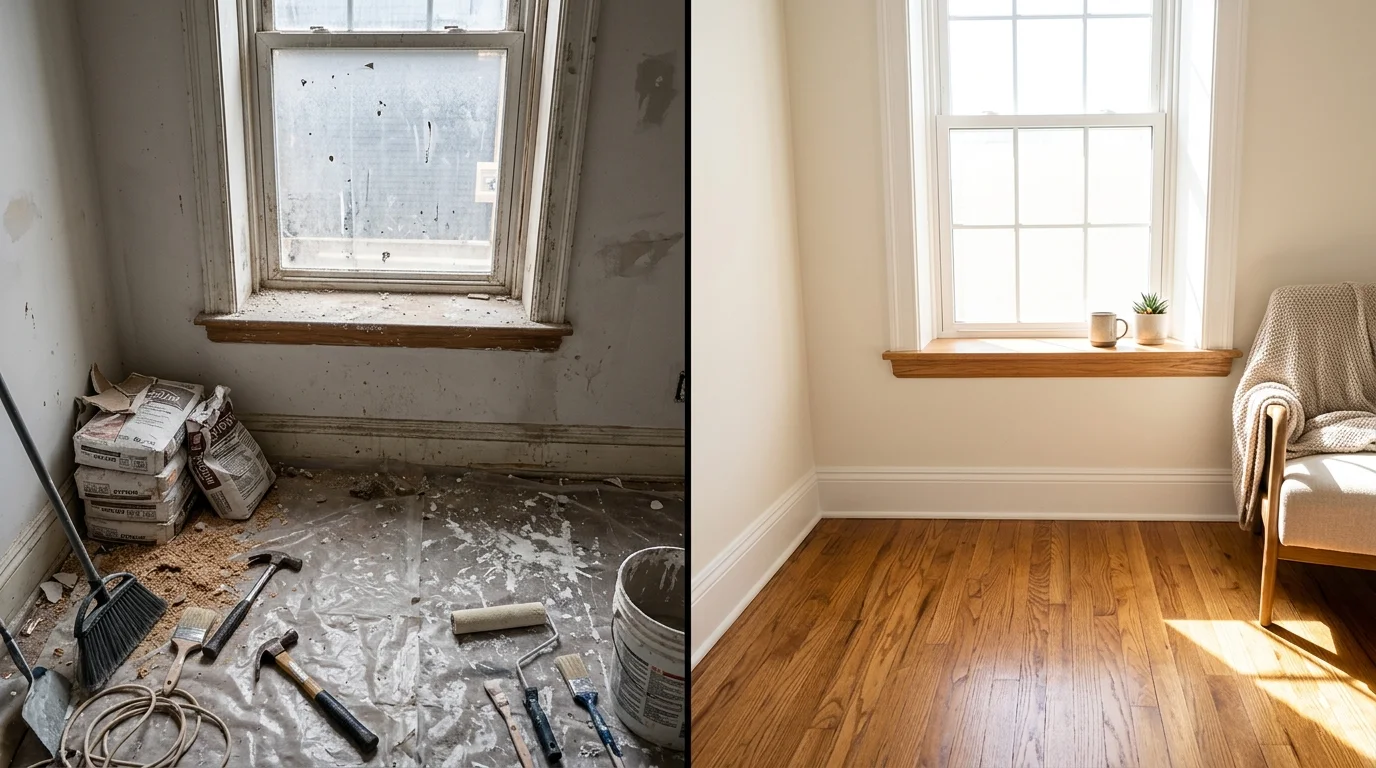 Side-by-side comparison of construction debris cleanup and a deep-cleaned home interior