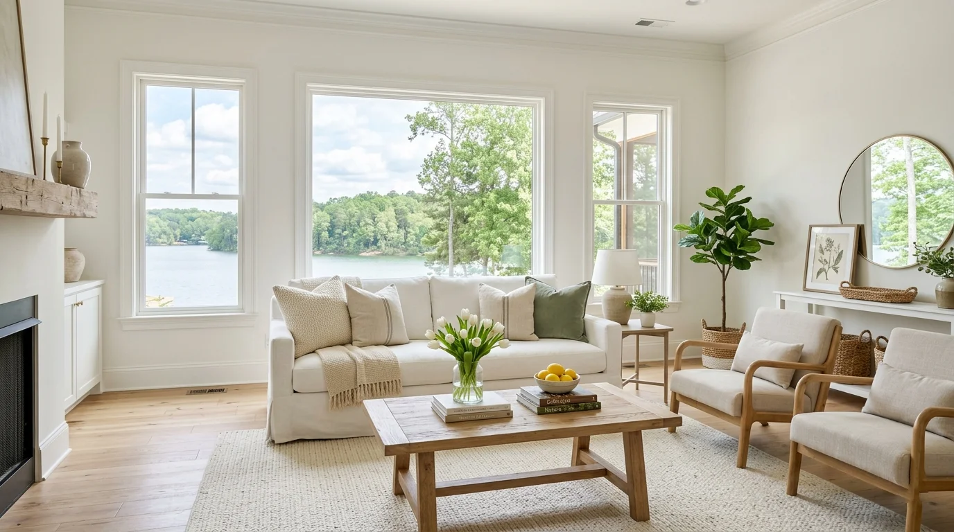 Bright, immaculately clean living room staged for a real estate listing photo
