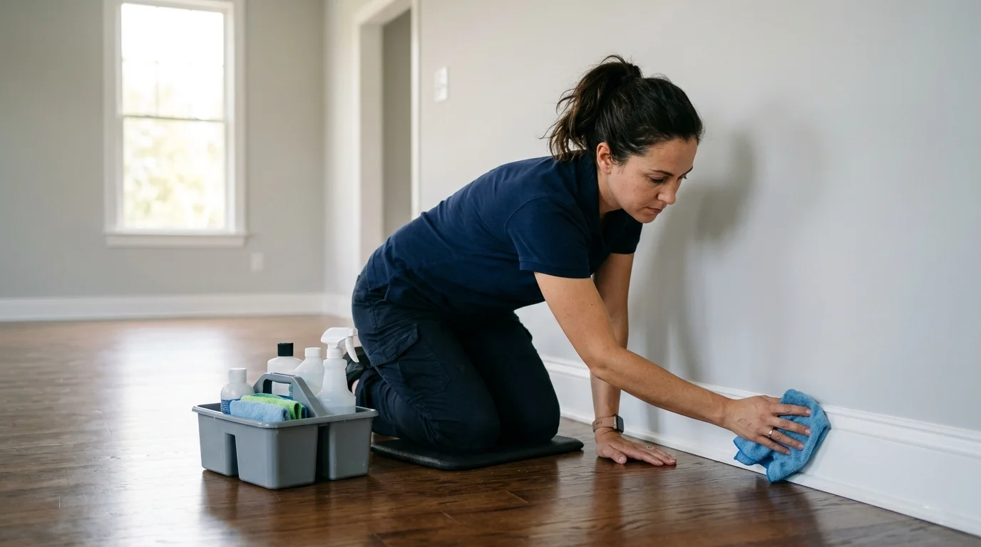 Professional cleaner detailing a baseboard in an empty home