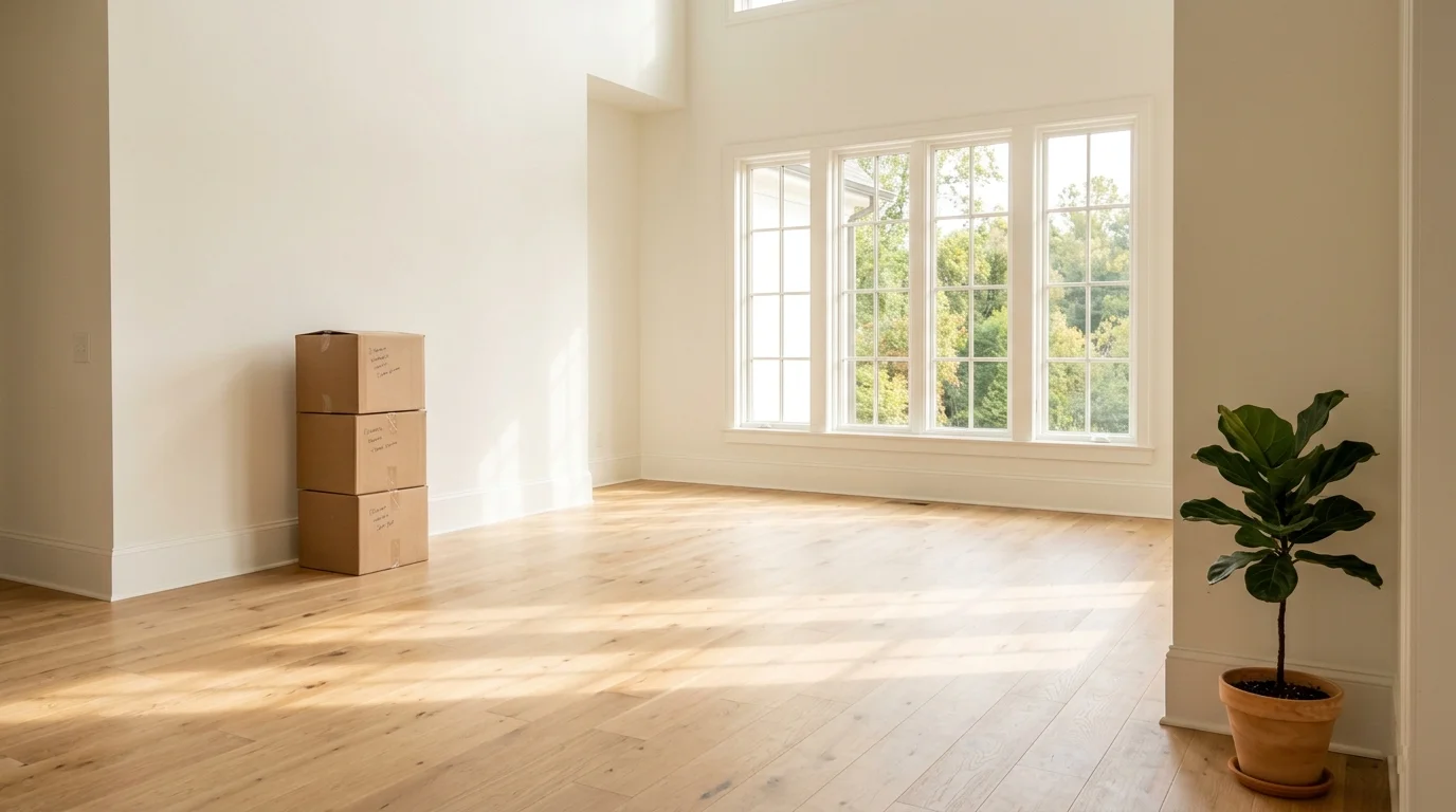 Empty home interior in transition with afternoon light and moving boxes