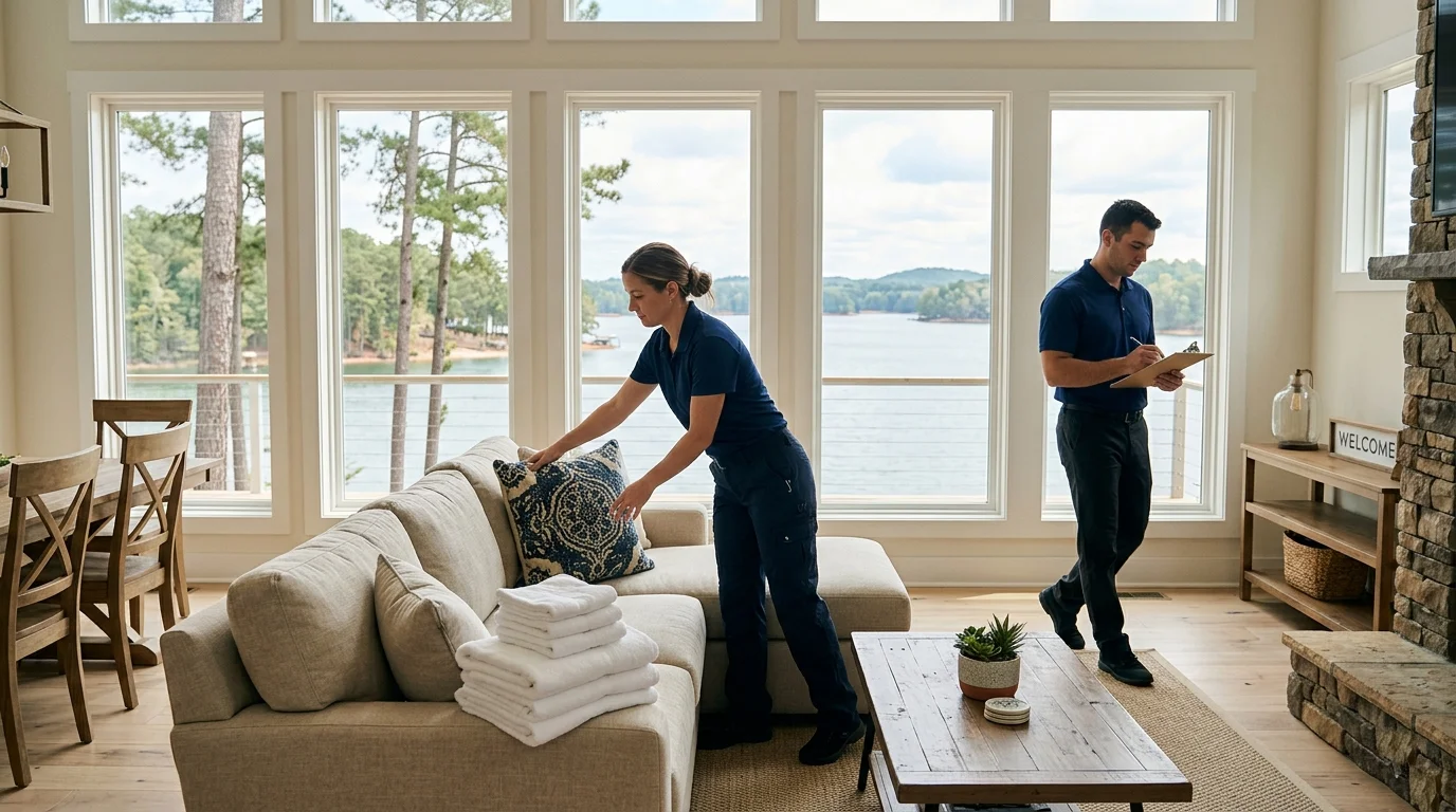 Cleaning crew completing a fast Airbnb turnover with fresh towels and linens