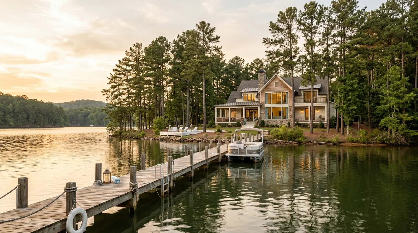 A Lake Lanier lakefront home framed by pines at golden hour