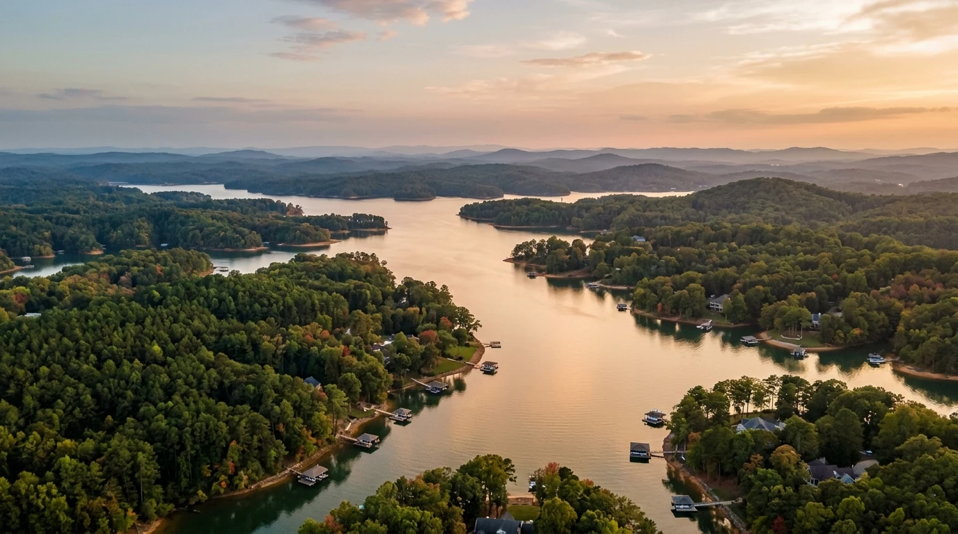 Aerial view of Lake Lanier and North Georgia at golden hour