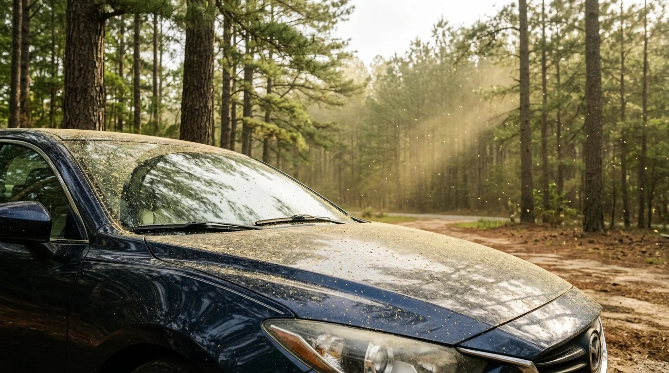 Yellow pine pollen film visible on a dark car parked under tall pines in North Georgia