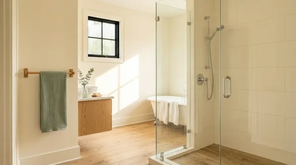 A bright, airy bathroom with a glass walk-in shower, a sage-green towel, and a wood vanity in summer light