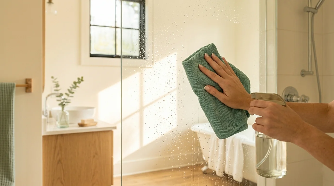 Wiping clean shower glass with a teal microfiber cloth and a spray bottle in a bright bathroom