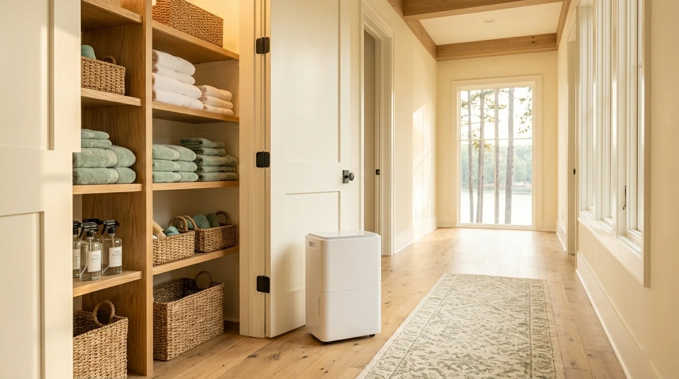 A quiet dehumidifier in a sunlit hallway beside an organized linen closet