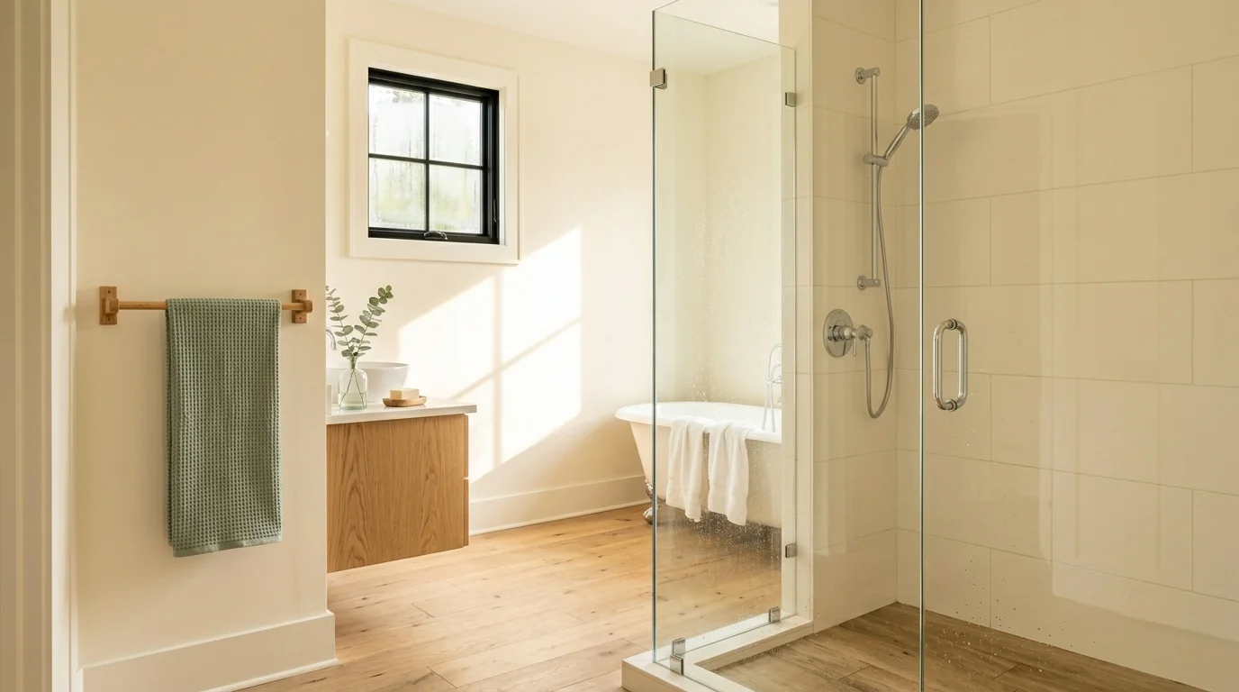 A bright, airy bathroom with a glass walk-in shower, a sage-green towel, and a wood vanity in summer light