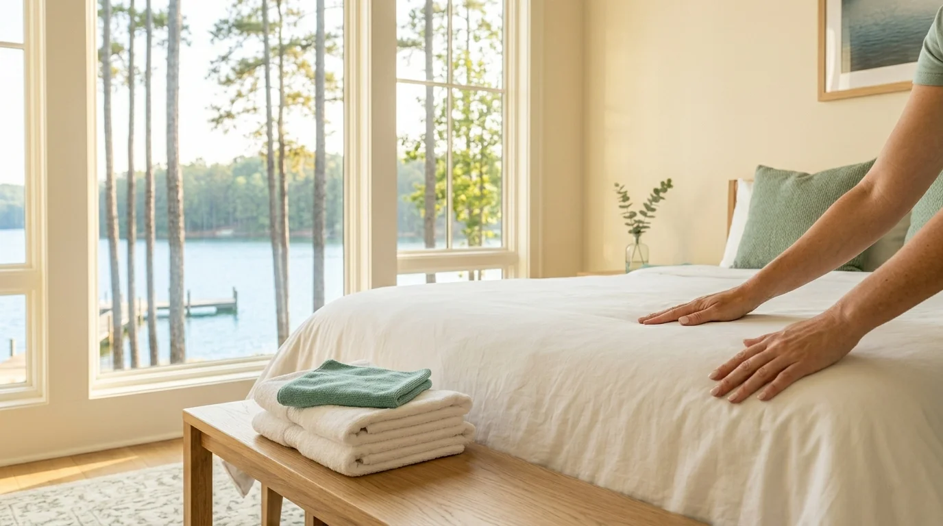 Hands smoothing fresh white bedding during a summer turnover, with folded towels and a microfiber cloth on a bench and the lake beyond the windows