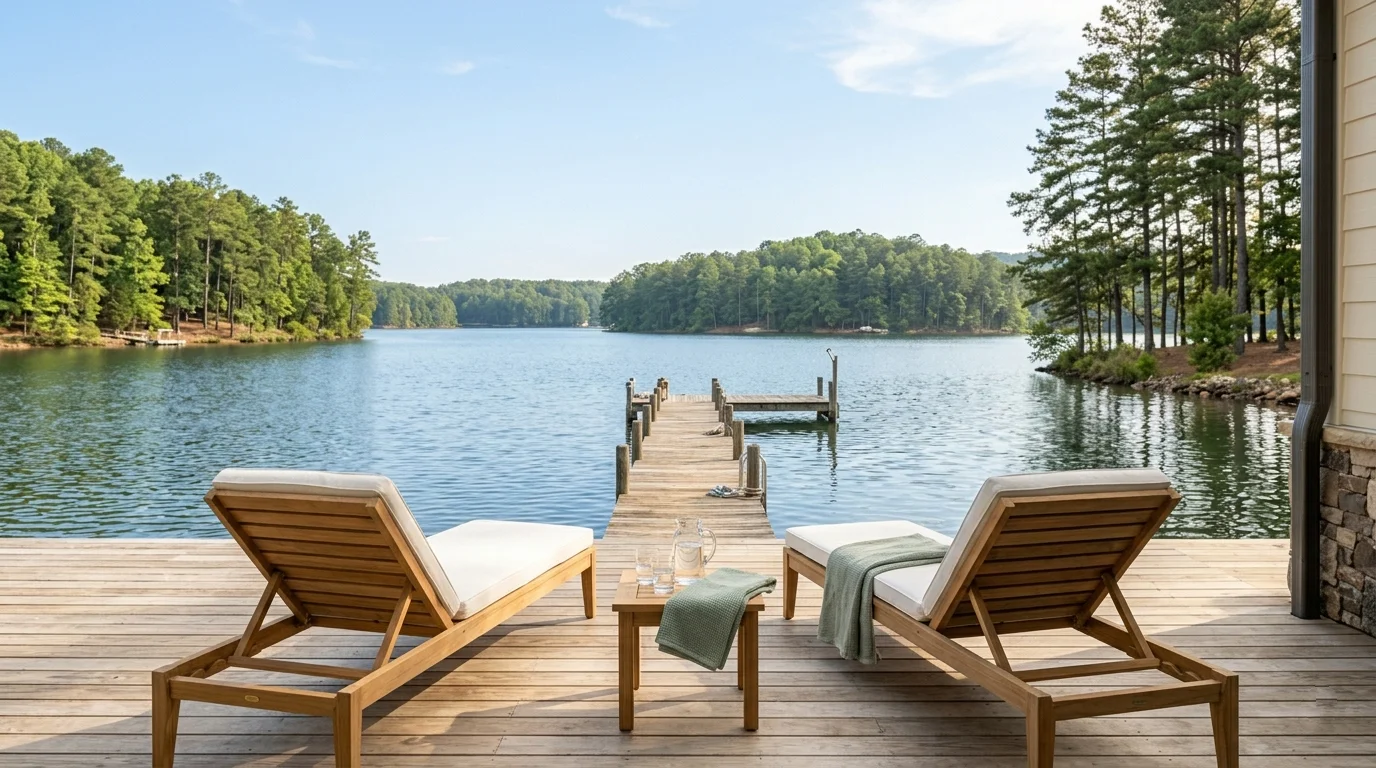 A lakeside deck with wooden lounge chairs and a folded towel looking out over calm summer water and a dock on Lake Lanier