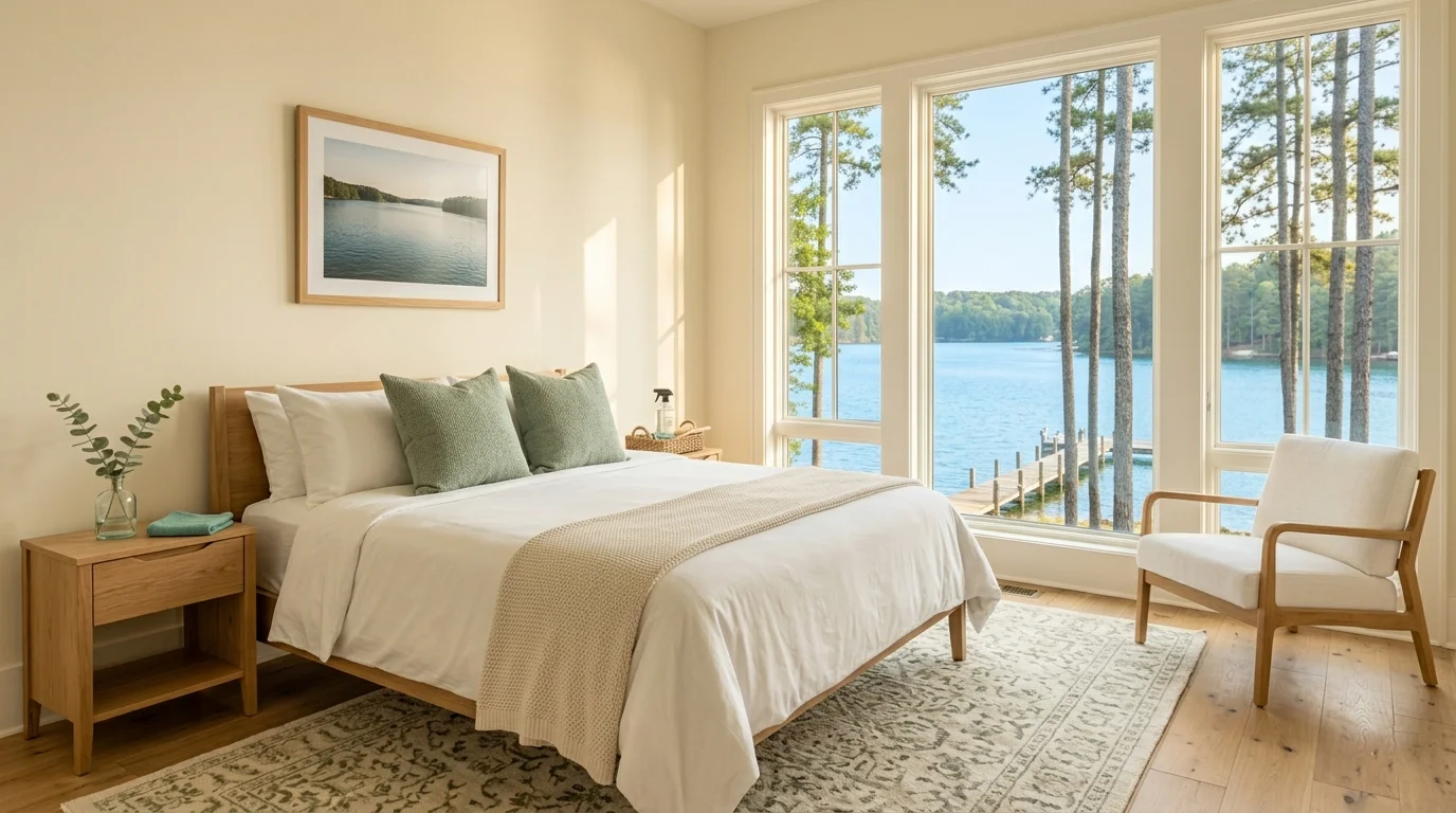 A freshly turned-over lake house bedroom with crisp white bedding and sage pillows, and a summer view of Lake Lanier and a dock through tall windows
