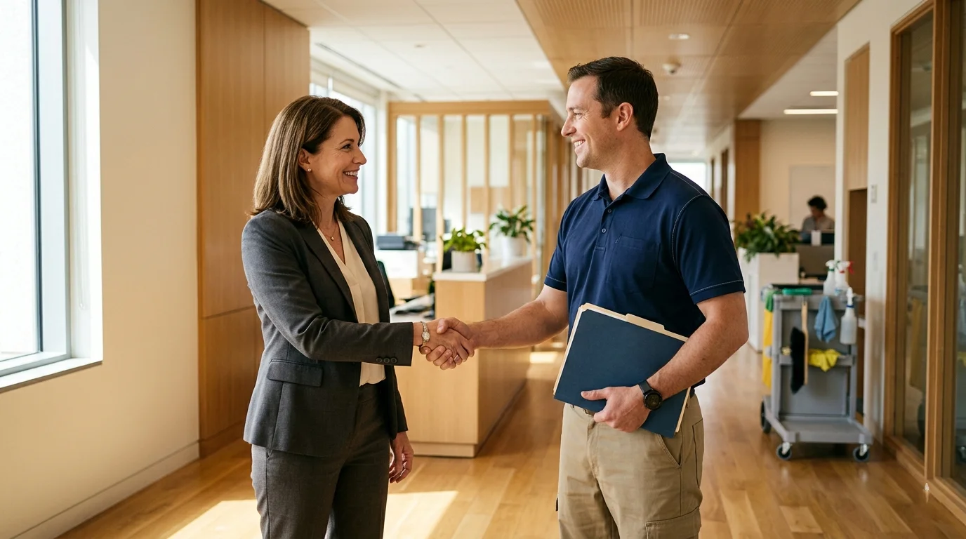 Office manager and new cleaning crew lead reviewing a transition checklist