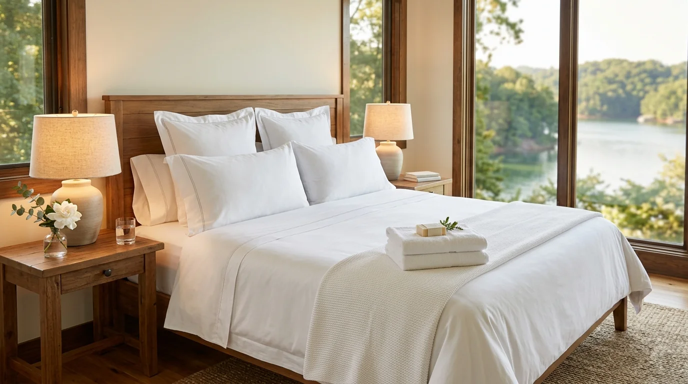 Freshly turned-over vacation rental bedroom with crisp white linens and folded towels
