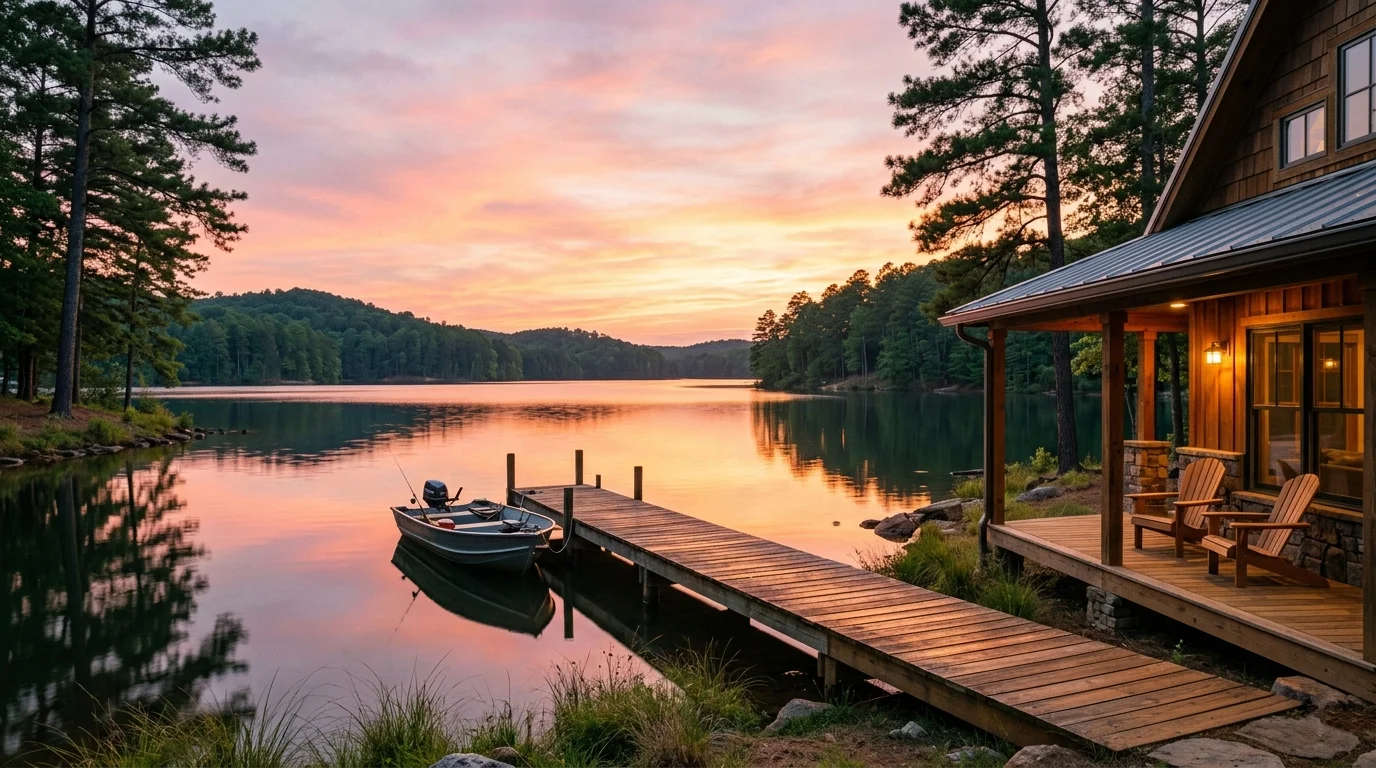 Lake Lanier vacation home with wooden dock at sunset