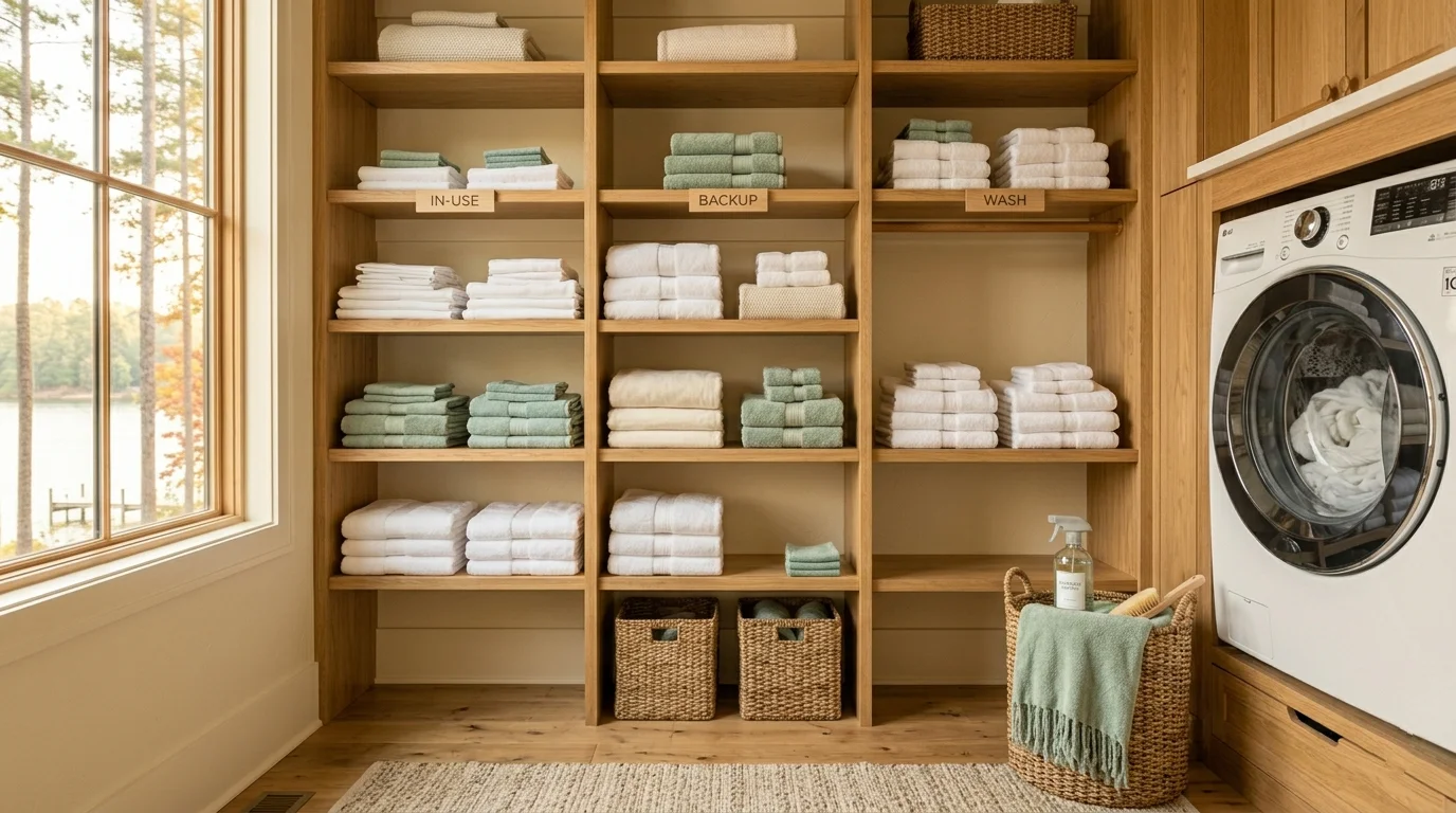 A whole-home linen station in a lake house with white and sage towels stacked in three labeled groups — In-Use, Backup, Wash — beside a running front-load washer, the lake visible through the window
