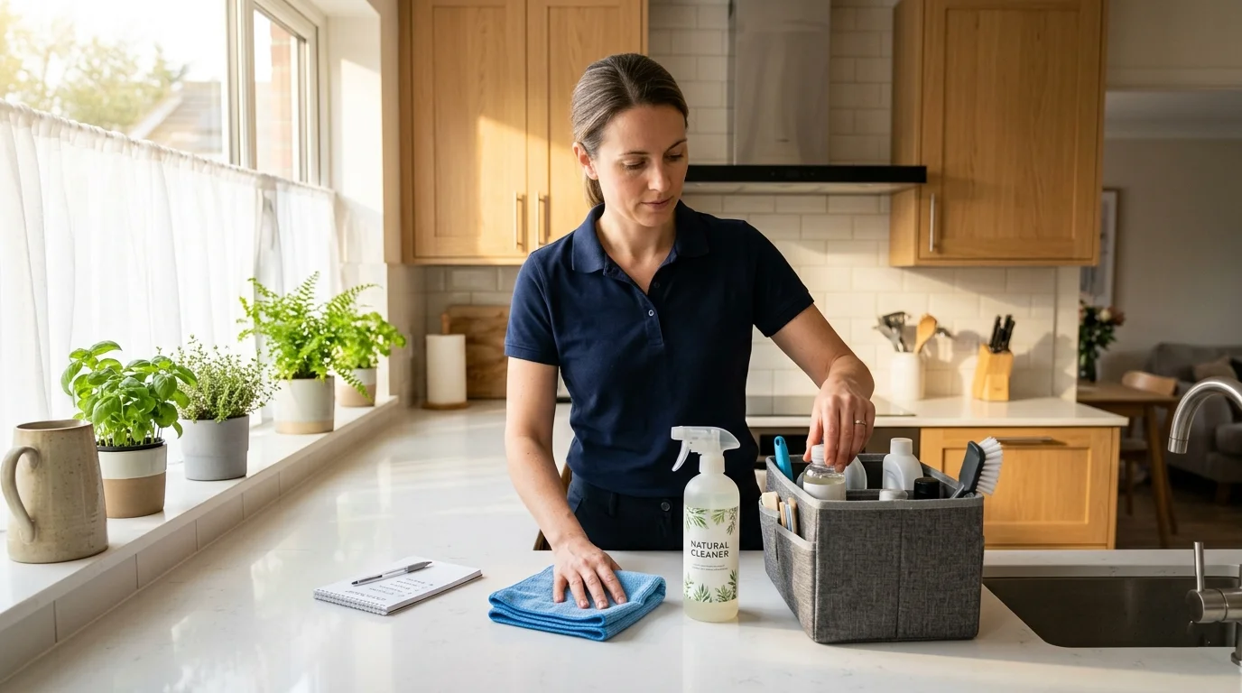 Professional cleaner organizing supplies on the kitchen counter before starting
