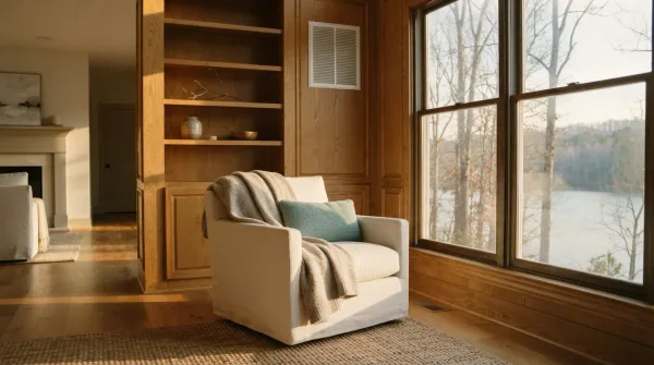 A warm North Georgia living room in winter with a folded throw on an armchair, a clean return-air vent in the wall, and low January light across oak floors