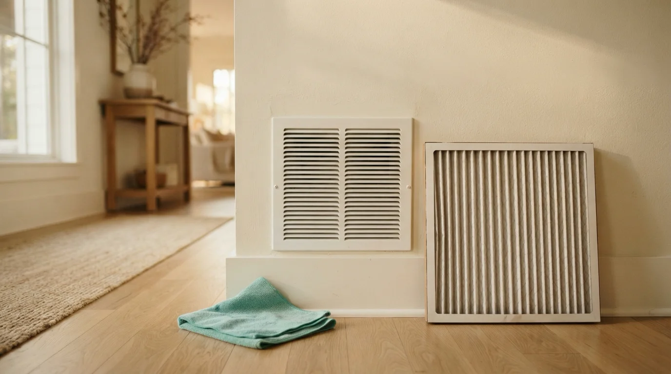 A close view of a wall return-air vent in a warm neutral hallway, freshly wiped, with a folded microfiber cloth and a fresh pleated filter resting against the wall in soft winter light