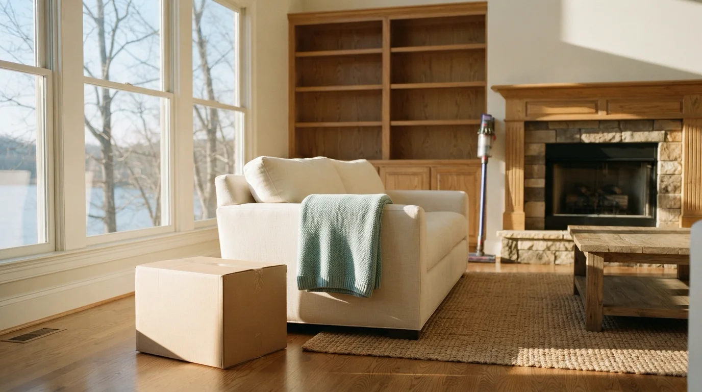 A cleared winter living room after the decorations have come down, with bare shelves, a vacuum against the wall, a neatly folded seafoam-teal throw, and bright January light through tall windows