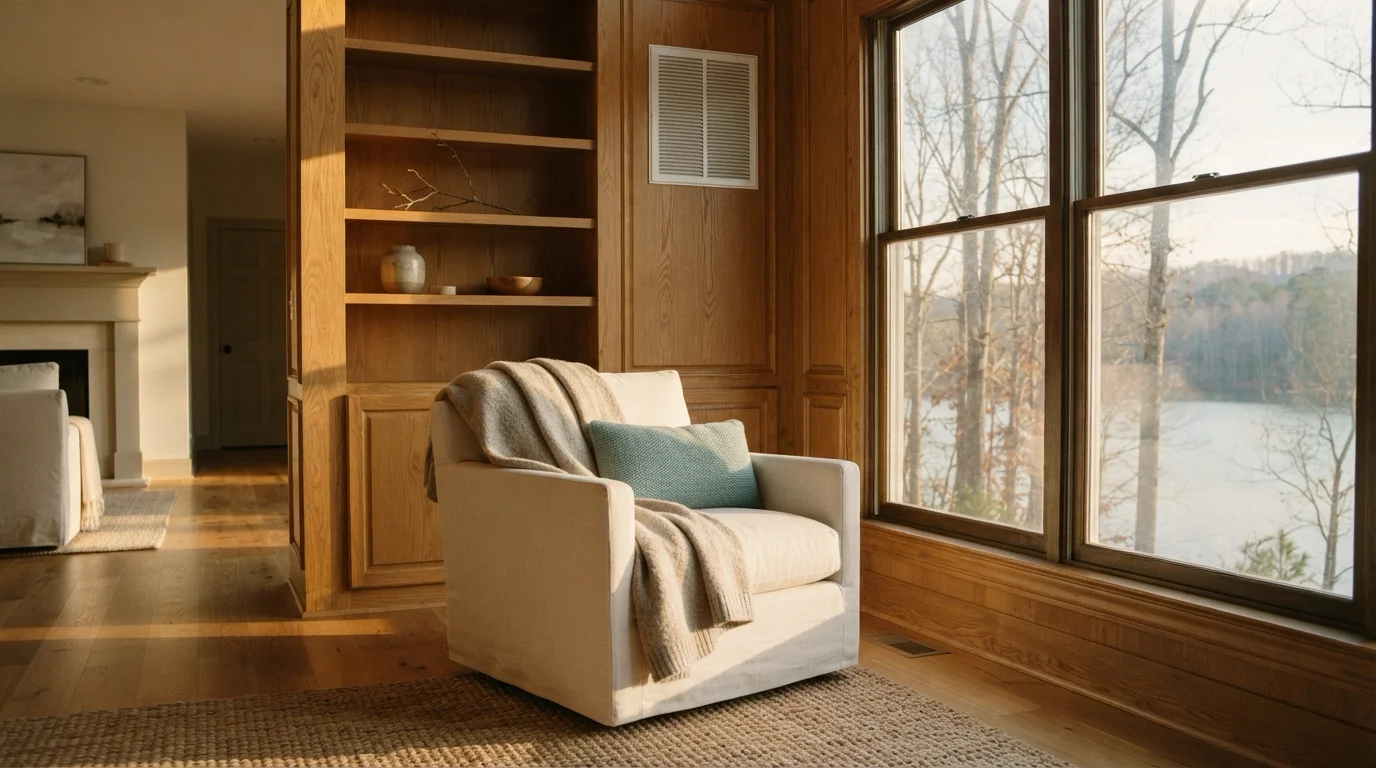 A warm North Georgia living room in winter with a folded throw on an armchair, a clean return-air vent in the wall, and low January light across oak floors