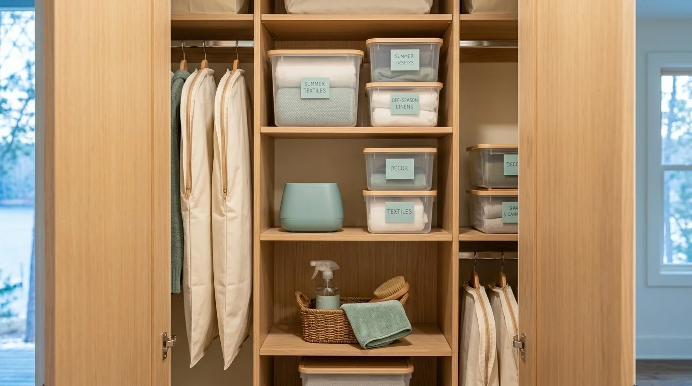 An organized lakeside storage closet in soft daylight: labeled clear bins reading "summer textiles," "off-season linens," and "decor," cream garment bags on a rail, a small sage moisture-control unit on a shelf, and a lower shelf holding a woven basket with a spray bottle, a cleaning brush, and a folded green cloth