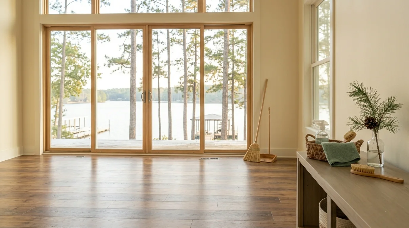 A clean, empty, sunlit lake-house interior with dry hardwood floors and floor-to-ceiling windows overlooking pines, the lake, and a dock; a wooden broom and dustpan lean against the wall, and a console table on the right holds a woven basket with a spray bottle and folded green cloth, a cleaning brush, and a glass vase with a pine sprig — a home closed clean and dry