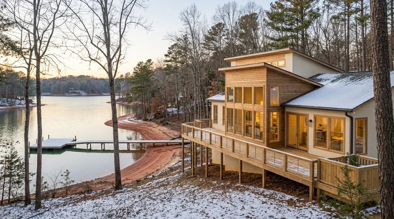 A modern Lake Lanier lake house on a snow-dusted wooded slope at dusk, warm-lit windows facing the calm winter water and a dock below
