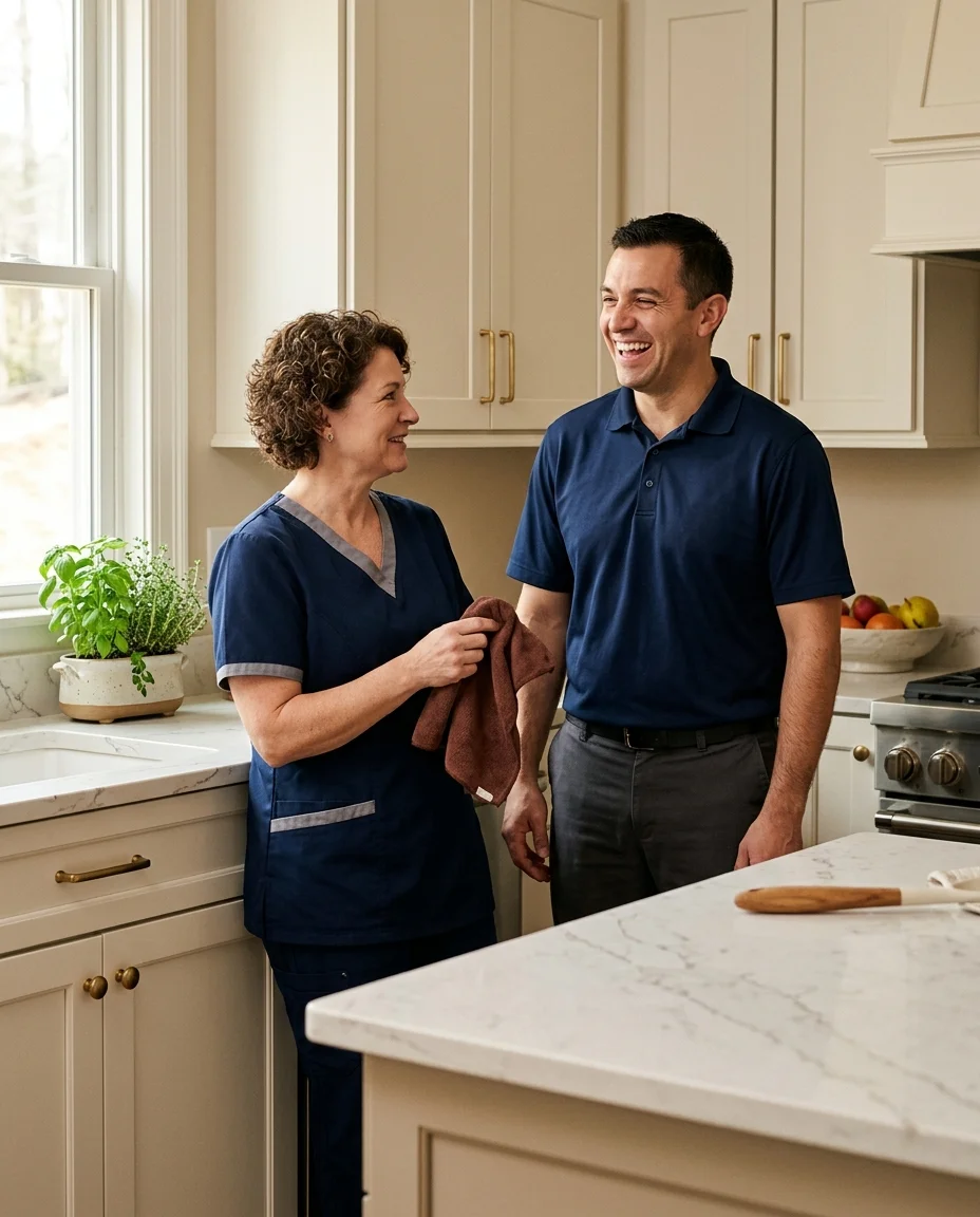 Lanier Pristine's small dedicated cleaning team in a Lake Lanier residential kitchen